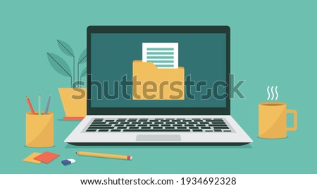 File folder organization paperwork on laptop concept, flat vector illustration