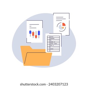 File folder with paper documents icon and business archive, files, work papers, paperwork, data report, project, accounting data, business docs flat design style minimal vector illustration.