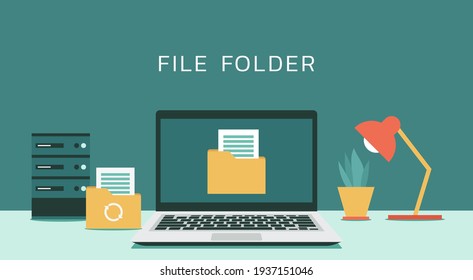 File folder with paperwork on laptop concept, flat design vector illustration