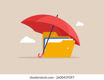 File folder under umbrella. Insurance and finance saving protection in economy crisis, safety investment. Flat vector illustration