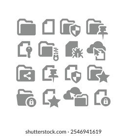 Conjunto de iconos de Vector de archivos y carpetas. Iconos de arrastrar y soltar con cremallera y protegidos.