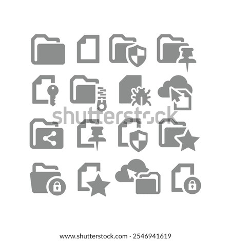 File and folder vector icon set. Zipped, protected drag and drop icons.