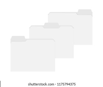 File folders with assorted position cut tabs isolated on white background, template. Empty blank document cases mock up