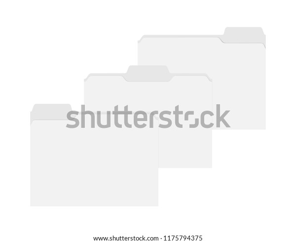 File folders with assorted position cut tabs isolated\
on white background, template. Empty blank document cases mock\
up