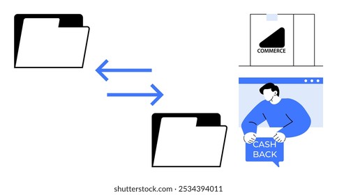 File folders with exchange arrows, a commerce building, and a person receiving cashback through a blue interface. Ideal for file sharing, business transactions, digital commerce, finance, customer