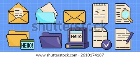 File folders set. Pixel art objects. Old school 8 bit computer graphic style