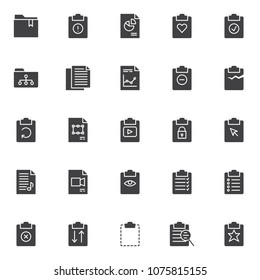 File and folders vector icons set, modern solid symbol collection, filled style pictogram pack. Signs, logo illustration. Set includes icons as bookmarked folder, clipboard with exclamation mark