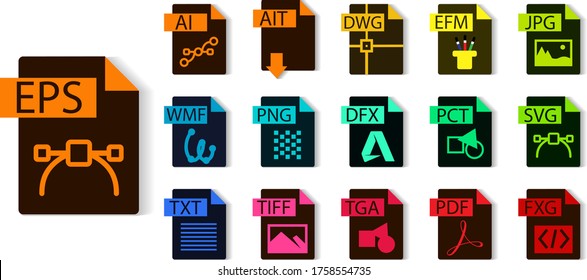File format collection. EPS, AI, AIT, DWG, EMF, JPG, SVG, PCT, DXF, PNG, WMF, TXT, TIFF, TGA, PDF, FXG. File type vector and icons.
