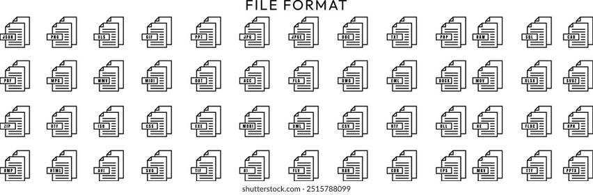 Formato de arquivo do conjunto de coleta de ícones de documento com PDF, JPG, DOC, PPT, XLS, MP4, RAR, AI, ZIP, MP3, MPV, GSF e mais vetores.