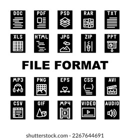 Dateiformat-Dokumentsymbole setzen Vektorgrafik. Präsentationswebseite, PDF-Etikett, PNG-Video, Typ jpg, Computer-Doc, HTML-Dateiformat-Dokument-Piktogramm-Illustrationen