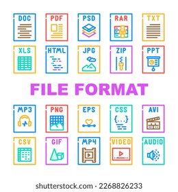 Dateiformat-Dokumentsymbole setzen Vektorgrafik. Präsentationswebseite, PDF-Etikett, PNG-Video, Typ jpg, Computer-Doc, HTML-Datei-Format Dokument-Farbzeilenillustrationen