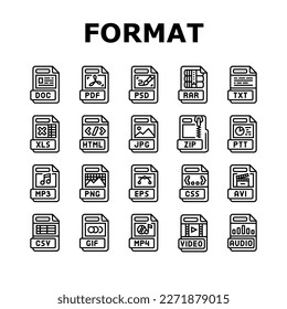 file format document icons set vector. design presentation, web pdf, type png, video label, jpg flat, eps folder file format document black contour illustrations