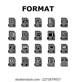 file format document icons set vector. design presentation, web pdf, type png, video label, jpg flat, eps folder file format document glyph pictogram Illustrations