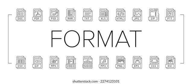 Dateiformat-Dokumentsymbole setzen Vektorgrafik. Design-Präsentation, Web-pdf, Typ png, Video-Label, jpg flach, eps Ordner-Datei-Format Dokument schwarze Kontur-Illustrationen