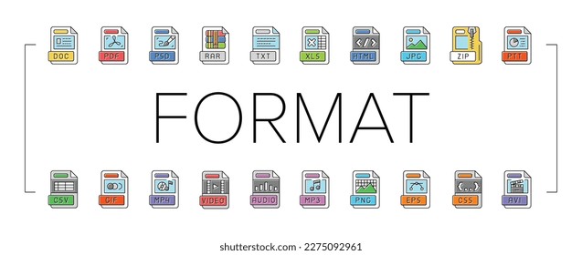 Dateiformat-Dokumentsymbole setzen Vektorgrafik. Design-Präsentation, Web-pdf, Typ png, Video-Label, jpg flach, eps folder file-Format Dokument-Farbzeilenillustrationen