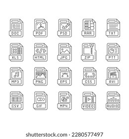 Dateiformat-Dokumentsymbole setzen Vektorgrafik. Design-Präsentation, Web-pdf, Typ png, Video-Label, jpg flach, eps Ordner-Datei-Format Dokument schwarze Kontur-Illustrationen