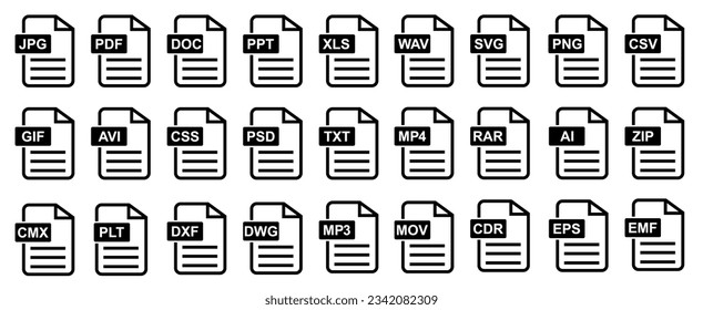 File format of document icons set. JPG, PDF, DOC, PPT, XLS, MP4, RAR, PSD, EPS, AI, ZIP, MP3, MPV, GSF and more. editable file