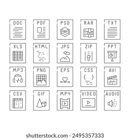 file format document icons set vector. presentation web, pdf label, png video, type jpg, computer doc, html file format document black contour illustrations