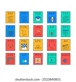 formato de archivo iconos de documento conjunto Vector. Web Video de presentación, pdf label, png, tipo jpg, ordenador doc, formato de archivo html color del documento Ilustraciones de contorno