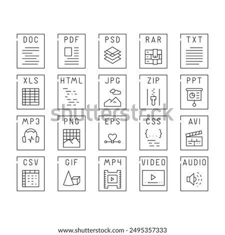 file format document icons set vector. presentation web, pdf label, png video, type jpg, computer doc, html file format document black contour illustrations