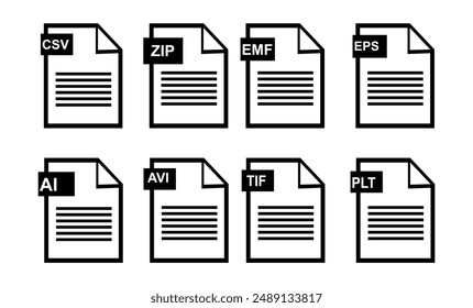 File format of document icons. Vector illustrations JPG,PDF,DOC,PPT,XLS,TIF,CMX,GIF,PNG,AI,ZIP,EPS and more. editable file