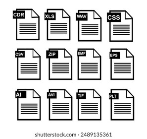 File format of document icons. Vector illustrations JPG,PDF,DOC,PPT,XLS,TIF,CMX,GIF,PNG,AI,ZIP,EPS and more. editable file