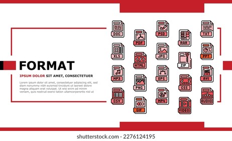 Dateiformat Dokument Landing Web-Seite Vektor. Design-Präsentation, Web-pdf, Typ pnng, Video-Label, jpg-Wohnung, eps Ordner-Datei-Format-Dokument Illustration