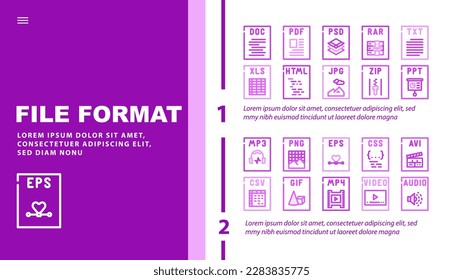 Dateiformat Dokument Landing Web Page Header Vektor. Präsentationswebseite, PDF-Etikett, PNG-Video, Typ jpg, Computer-Doc, HTML-Dateiformat-Farbillustrationen