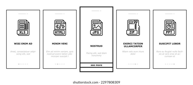 Dateiformat-Dokument über mobile Vektorgrafik. Design-Präsentation, Web-pdf, Typ pnng, Video-Label, jpg-Wohnung, eps Ordner-Datei-Format-Dokument Illustration