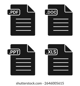 File format extension of documents icon set. Word, pdf, ppt, excel document file icons. doc, xls, ppt, pdf file, Vector illustration. 