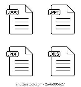 File format extension of documents icon set. Word, pdf, ppt, excel document file icons. doc, xls, ppt, pdf file, Vector illustration. 