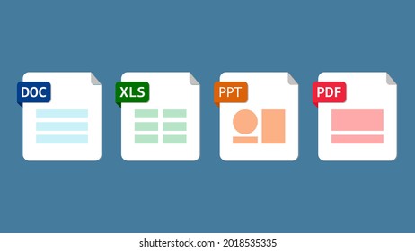 File format extensions. doc, xls, ppt, pdf file format document icons. Blue background. Vector illustration.