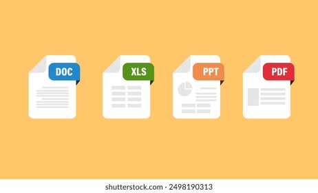 File format extensions. doc, xls, ppt, pdf file format document icons.