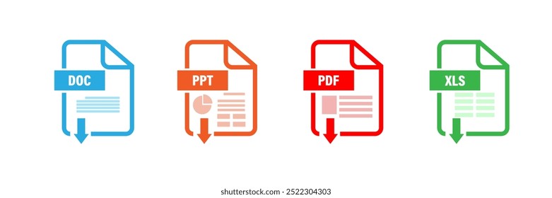 Extensões de formato de arquivo. doc, xls, ppt, pdf ícones de documento de formato de arquivo.	