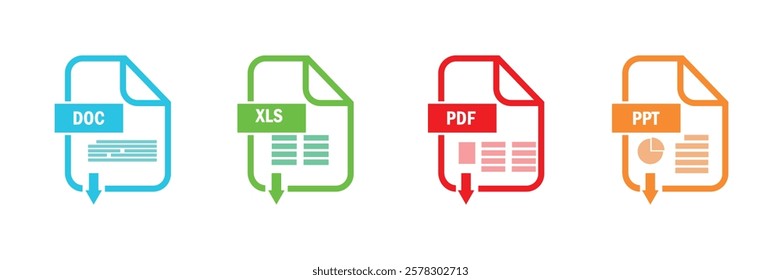 File format extensions. doc, xls, pdf, ppt. file format document icons.