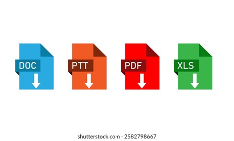 File format extensions. doc, xls, ppt, pdf file format document icons.