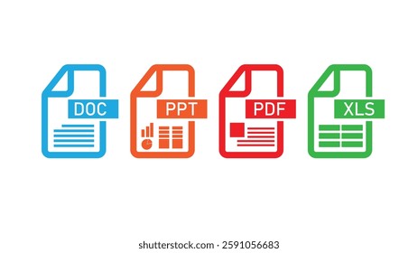 File format extensions. doc, xls, ppt, pdf file format document icons.	

