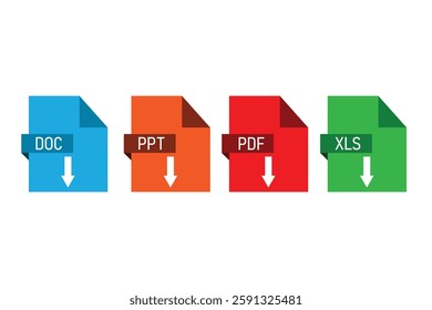 File format extensions. doc, xls, ppt, pdf file format document icons.
