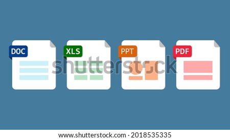 File format extensions. doc, xls, ppt, pdf file format document icons. Blue background. Vector illustration.