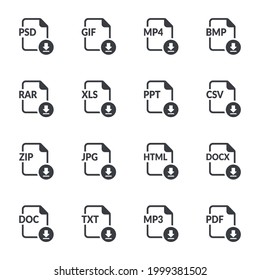 File format extensions icons. Pdf and mp3, txt and doc, docx and html, jpg and zip, csv and ppt, xls and rar download document vector buttons. Save document on computer, download icon images