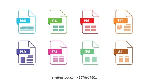 file format extensions symbols, web format information, file format extensions icon set vector illustration.