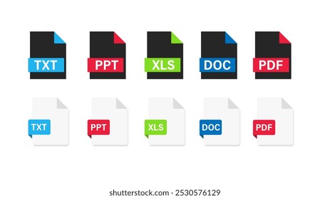 File format extensions.txt, doc, xls, ppt, pdf file format document icons.	