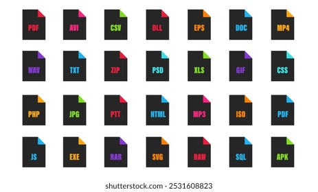 File format extensions.txt, doc, xls, ppt, pdf file format document icons.	