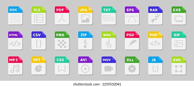 Dateiformat-Flachsymbol-Set. Vektorset für Dokumentdatei-Symbole