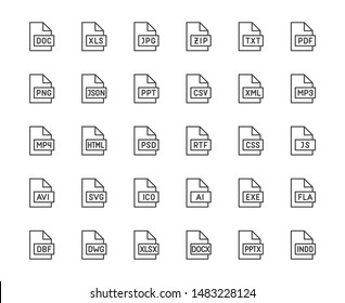 File format flat line icons set. Doc, xls, jpeg, zip, txt, pdf, xml, mp3 document vector illustrations. Outline signs for extension. Pixel perfect. Editable Strokes.