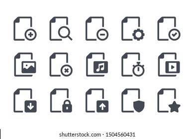 File format glyph icon set. Doc options filled icons. Document settings solid vector sign collection.