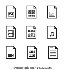 File format icon collection. Icons for binary, document, image, video and audio files.