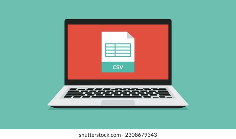 file format icon with CSV label on laptop screen, vector flat design illustration