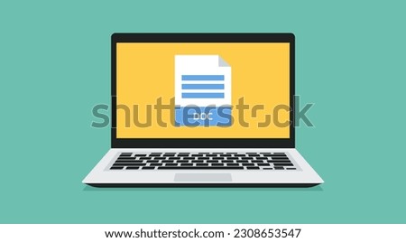 file format icon with DOC label on laptop screen, vector flat design illustration
