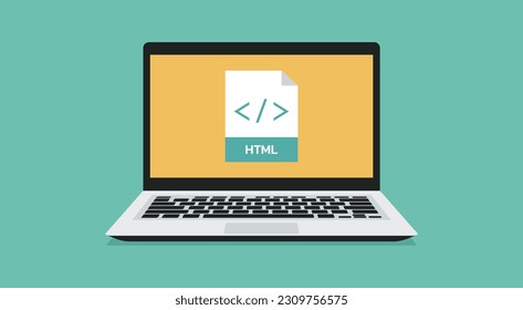 file format icon with HTML label on laptop screen, vector flat design illustration